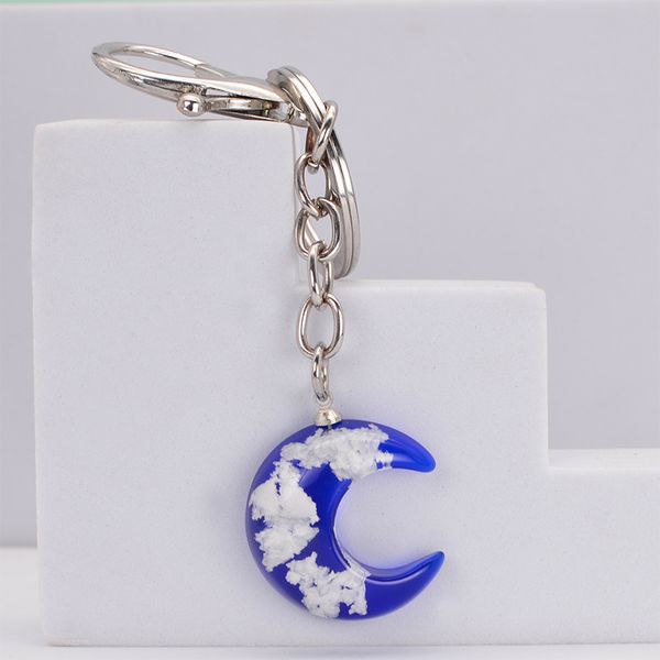 

fashion chic transparent resin deep blue moon pendant keychain white cloud keyring fashion jewelry gifts for girl women, Slivery;golden