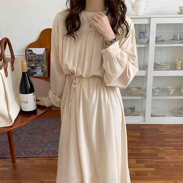 

korean chic style o neck pleated dress women fashion french long sleeve ladies loose high waist sashes black 210601, Black;gray
