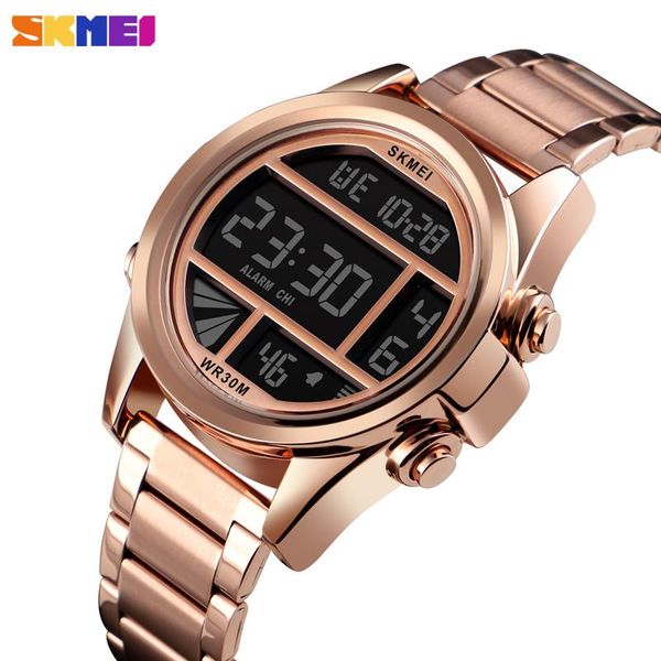 

men led digital watch skmei stainless steel bracelet for man chronograph luminous mens clock relojes hombre wristwatches, Slivery;brown