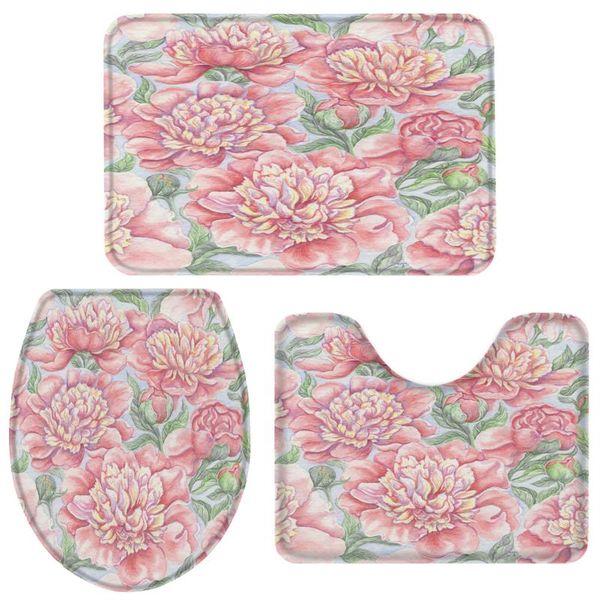 

bath accessory set pink peony flower watercolor painting bathroom toilet cover mat pedestal rug non-slip accessories doormat