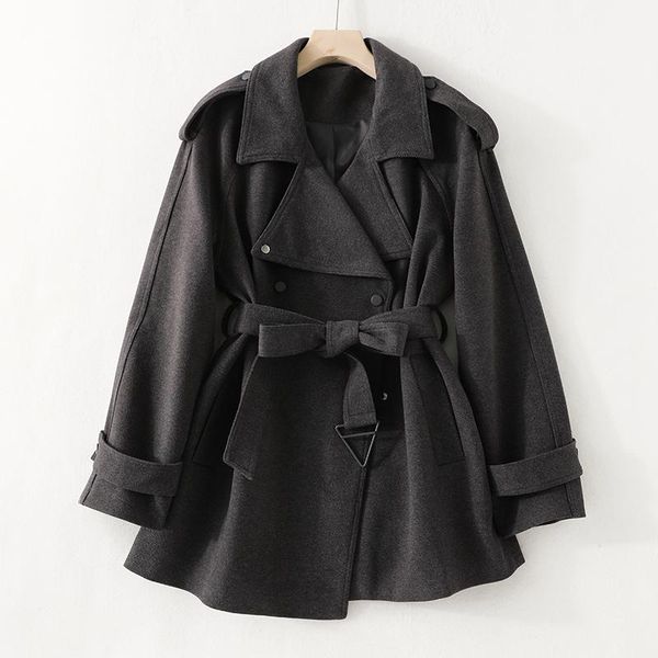 

women's trench coats autumn and winter coat women long sleeve double breasted placket medium length windbreaker belt decoration s19094, Tan;black
