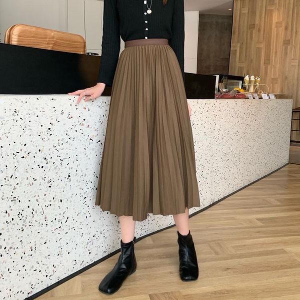 

high waist women skirt casual vintage solid belted pleated midi skirts lady 3 colors fashion simple saia mujer faldas, Black