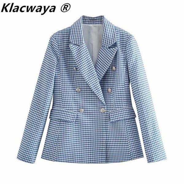 

klacwaya women blazer plaid printing double-breasted long sleeve coat ladies office blazers casual suit women jacket 211022, White;black