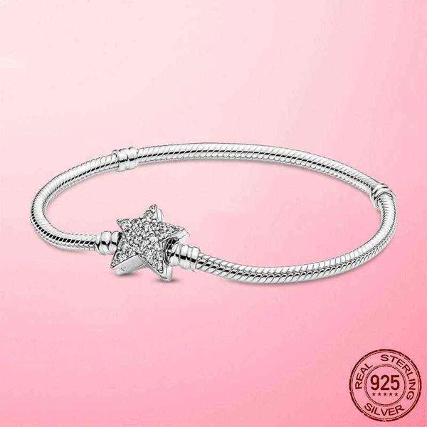 

cz femme bracelet 925 sterling silver moments asymmetric star clasp snake chain for women jewellery, Golden;silver