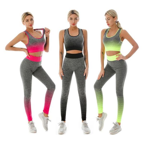

yoga outfit set gym clothing sports bra women's tracksuit gradient color 2 piece tights leggings crop suit fitness sport 65-9