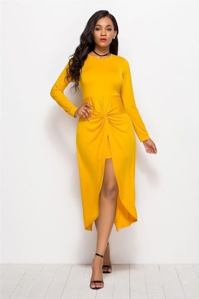 

casual dresses front slit banquet swallowtail women's dress s-5xl autumn o-neck long sleeves elegant ruched slim solid midi party, Black;gray