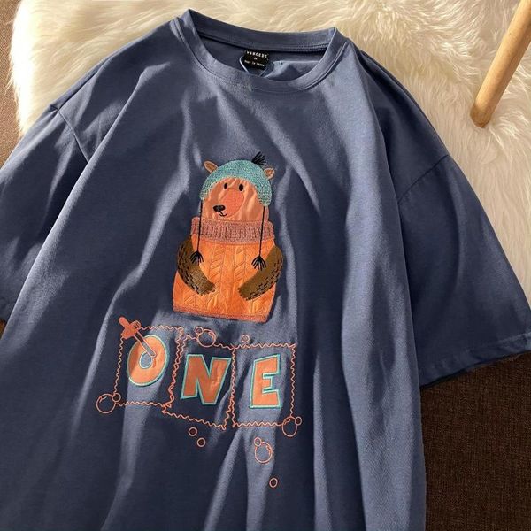 

women's t-shirt chic boho letter bear embroidery t shirts cotton o-neck khaki for teens clothes summer korean fashion couple casual, White