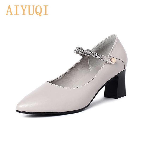 

dress shoes aiyuqi women fashion mid heels 2021 spring genuine leather women's pointed professional office single, Black