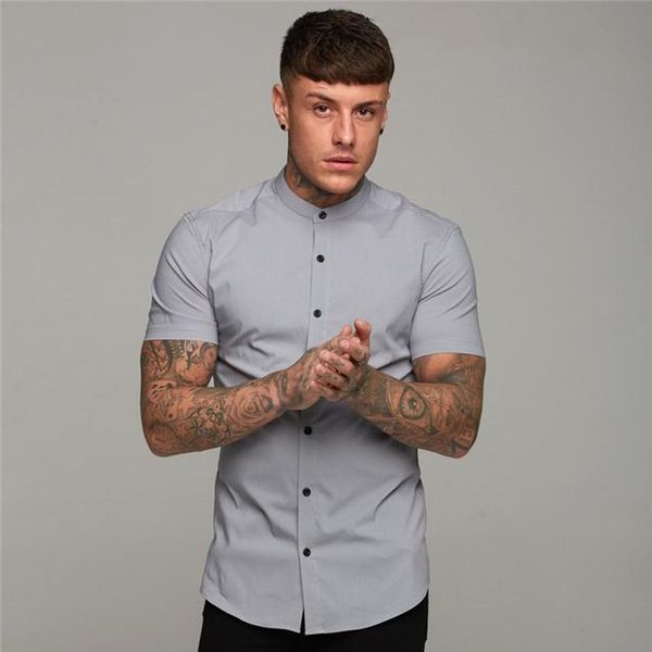 

men's shorts arrivals summer man short sleeve shirt solid fitness mens stand collar super slim fit business dress button gym, White;black