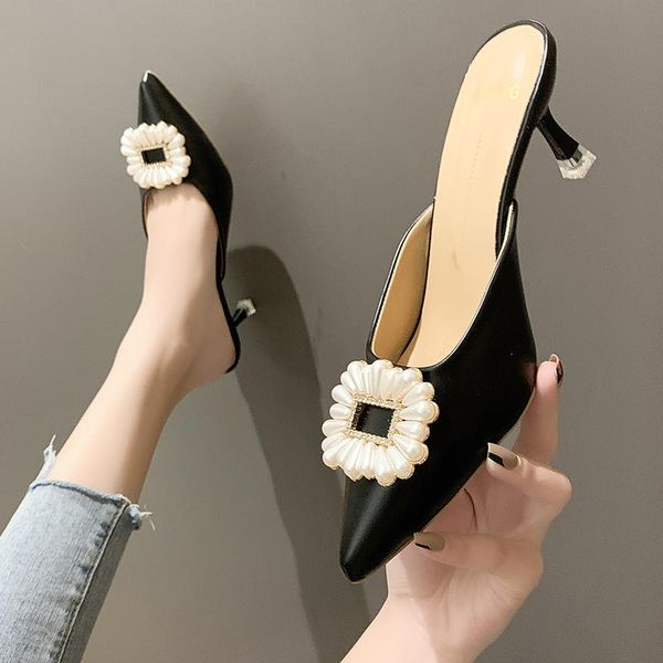 

slippers shoes woman 2021 soft med cover toe thin heels heeled mules luxury slides loafers comfort pointed flat high designer ru, Black