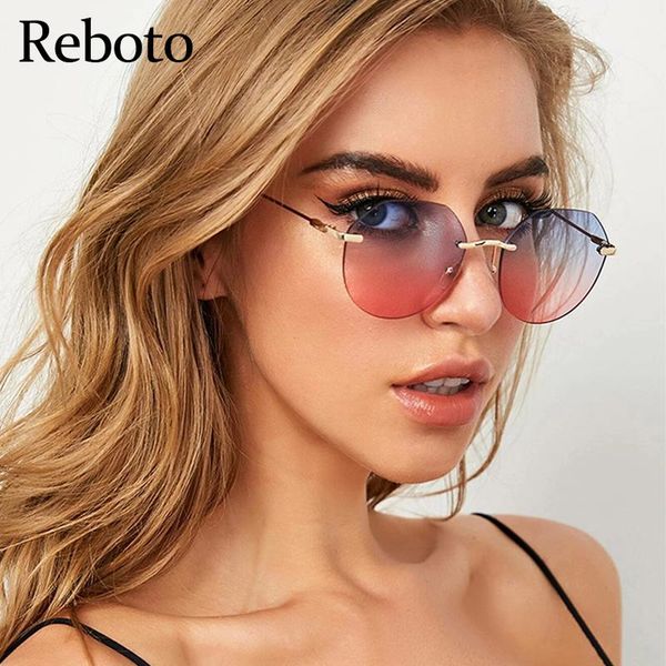 

summer round shades for women rimless sunglasses vintage metal frame fashion gradient female sun glass blue pink ladies eyewear, White;black