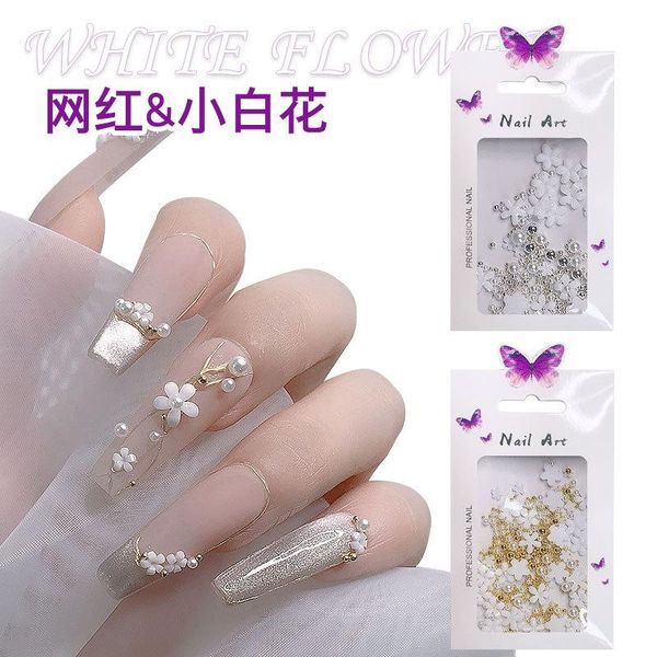 

nail art decorations 2021 white flower size mixed decoration steel ball finished three-dimensional resin five petal, Silver;gold