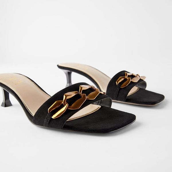 

women's slippers and sandal high heel round open toe summer sandals metallic buckle slides 2021, Black