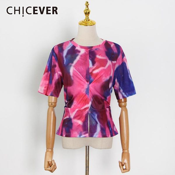 

women's t-shirt chicever vintage hit color tie dye straight t shirt for women o neck short sleeve casual loose shirts female 2021 summe, White