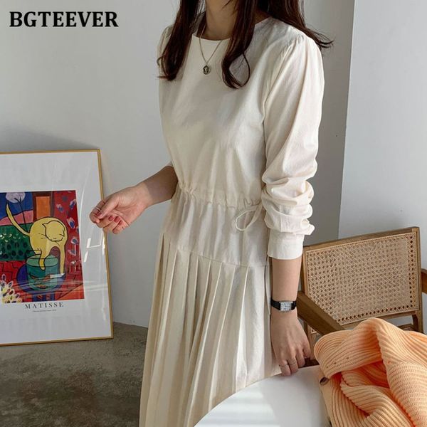 

dresses new casual women o-neck long sleeve midi spring summer drawstring solid vestidos elegant female pleated dress 2021 kqn9, Black;gray