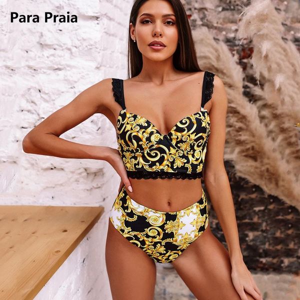 

para praia vintage print bikini set female lace string swimsuit women bandeau high waist beachwear swimwear one-piece suits