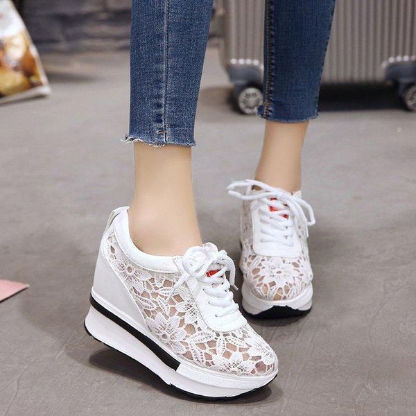 

spring and summer 2021 women shoes with wedge mesh lace up joker small white breathable thick bottom casual sneaker dress, Black