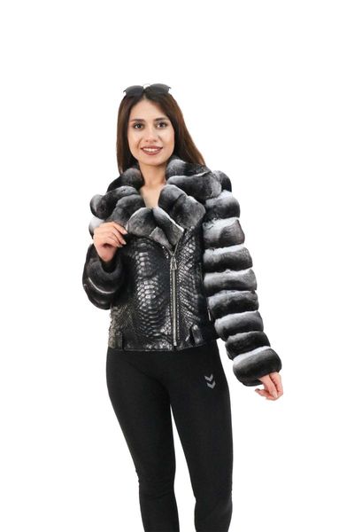 

women's fur & faux fashion real full sleeve chinchilla color 100% genuine python leather, Black