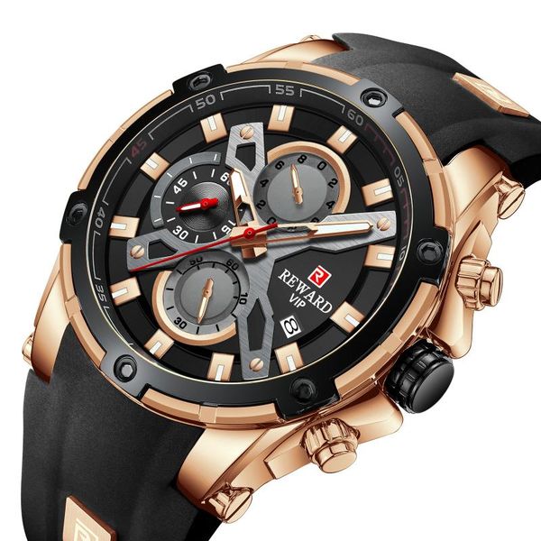 

wristwatches reward men's watch chronograph silicone steel sport quartz watches waterproof male relogio masculino, Slivery;brown