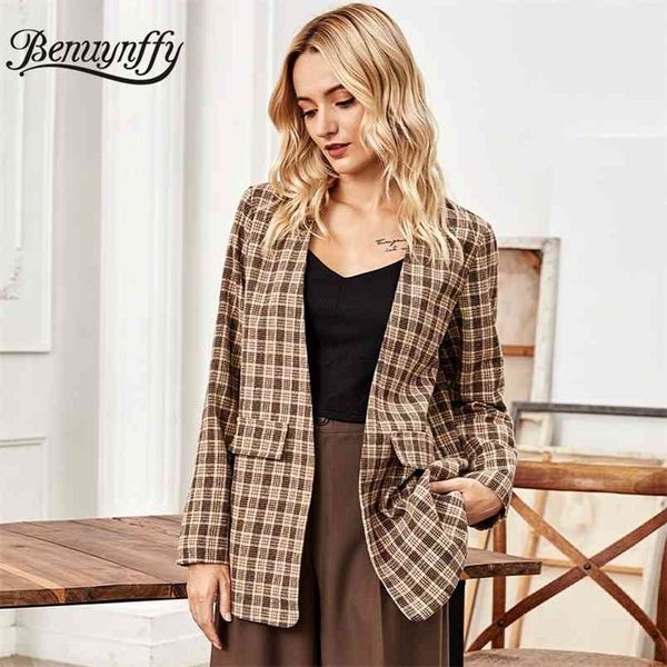 

collarless open front plaid tweed suit coat women autumn vintage long sleeve blazer female elegant outerwear 210510, White;black