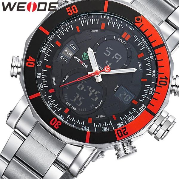 

wristwatches weide men watch satch casual stainless steel strap army sports clocks date digital display military waterproof men's watch, Slivery;brown