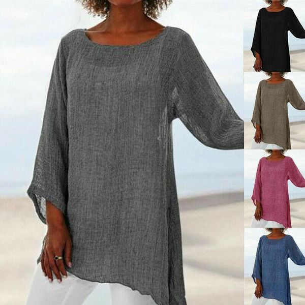 

women's blouses & shirts brand women casual autumn baggy linen o-neck long sleeve solid loose blouse irregular plus size 2021, White
