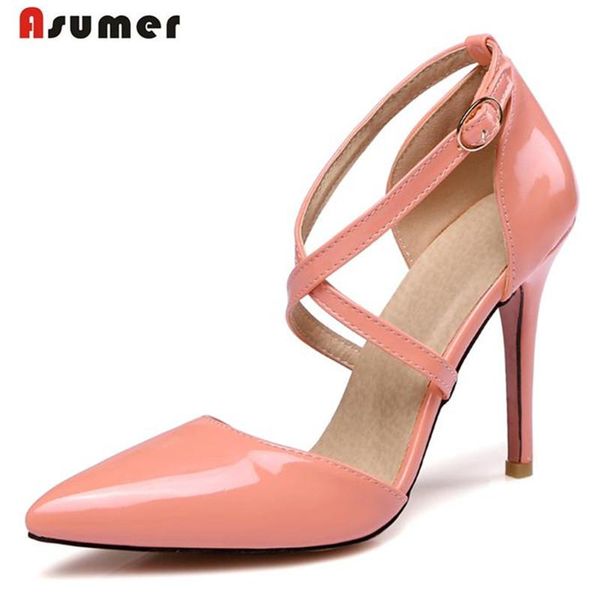 

asumer 2021 summer shoes high heels pointed toe buckle party pumps big size 31-47 solid pu fashion elegant shalllow women dress, Black