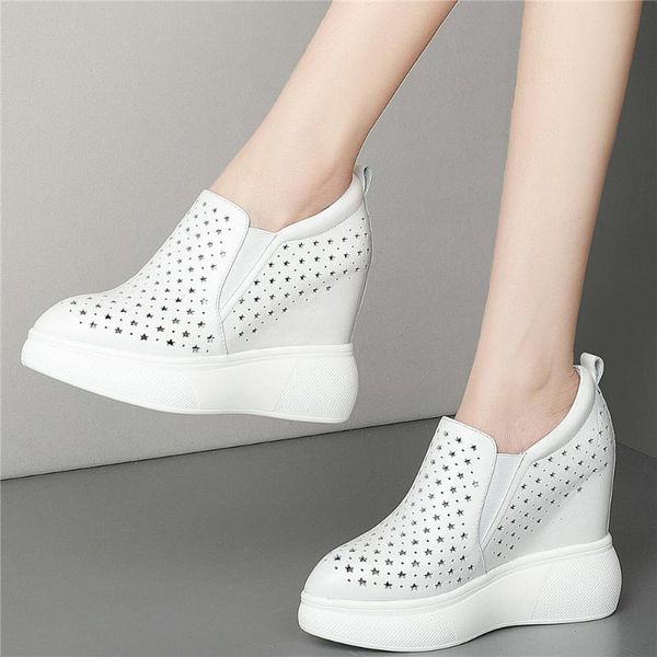 

boots 12cm high heel creepers women summer hollow genuine leather wedges ankle female pointed toe fashion sneakers casual shoes, Black