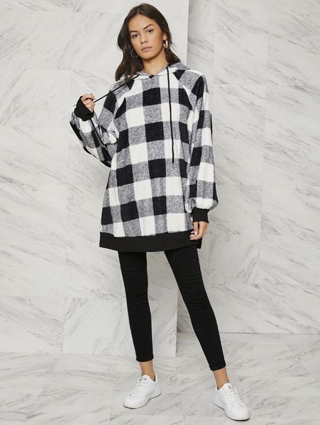 

buffalo plaid pattern raglan sleeve drawstring flannel hoodie n4me#, White;black