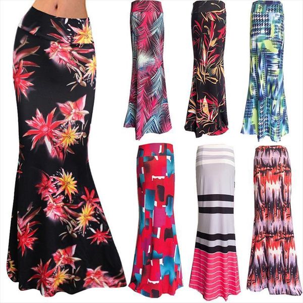 

floral print stretch long indie womens skirts folk tunic high waist hip striped ladies faldas bottoms 3xl, Black