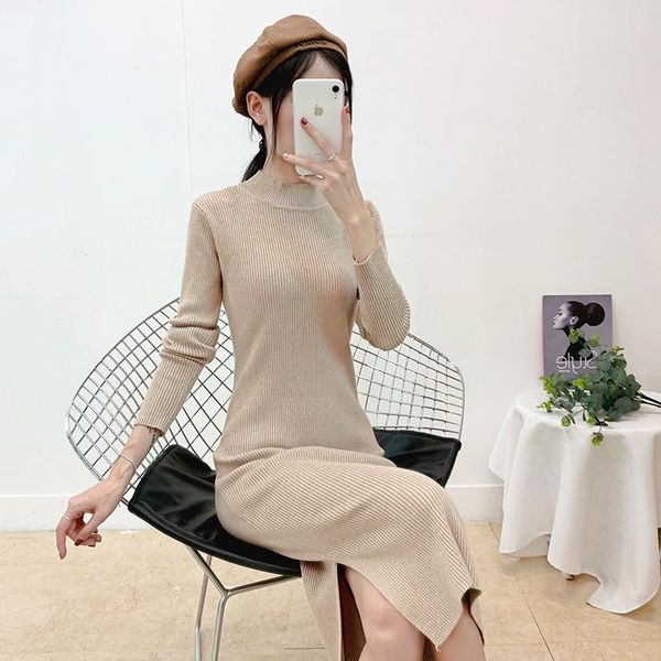 

casual dresses wool thick warm women winter dress long slim rib knitted autumn stand collar mid-calf femme sweater hip package, Black;gray
