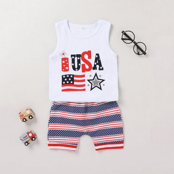 

Kids Children's Sets Ins American Baby Summer Print Letter Vest Shorts Suit Independence Day Two-piece, White