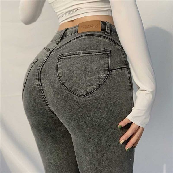 Europäische und amerikanische plus elastische Jeans Frau hohe Taille sexy Pfirsich Hüfte graue Hosen Streetwear 2000er Jahre Ästhetik 210604