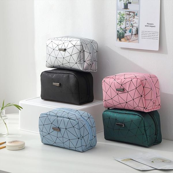 

fashion travel diamond pu makeup cosmetic bag organizer women waterproof zipper make up storage portable beauty wash kit case