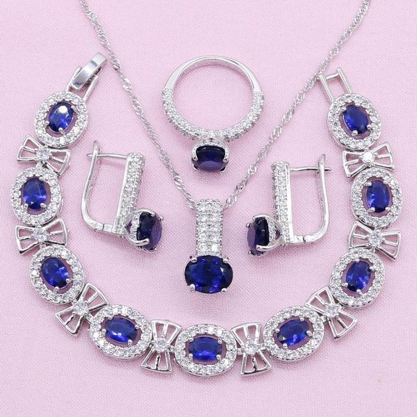 

wedding jewelry sets 925 silver for women royal blue semi-precious bracelet earrings pendant necklace ring birthday gift, Slivery;golden