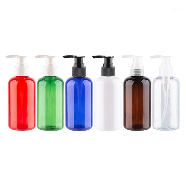 

storage bottles & jars refillable plastic containers with white transparent black lotion pump 220ml 220cc round pet shampoo 12p