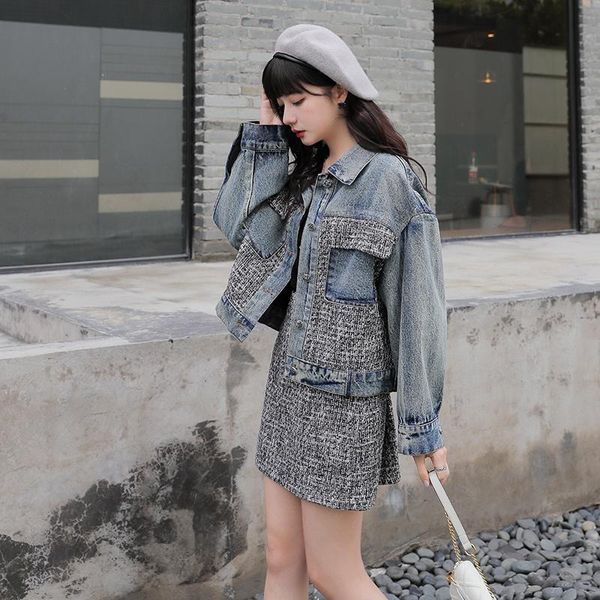 

women's tracksuits two piece outfits for women fashion korean splice denim loose jacket coat high waist mini skirt 2pcs sets streetwear, Gray