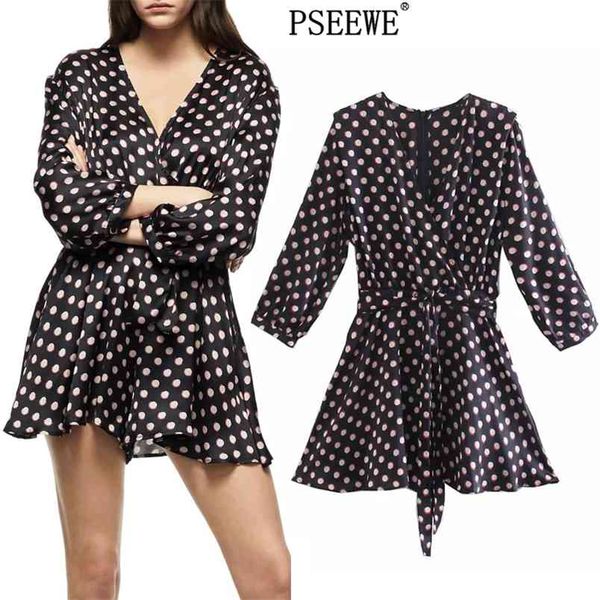 

black pokla dot short jumpsuit women summer fashion belt long sleeve playsuit female vintage elegant 210519, Black;white