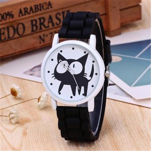 

wristwatches lovely cartoon cat women's watches fashion silicone strap sport colorful watch relojes hombre clock, Slivery;brown