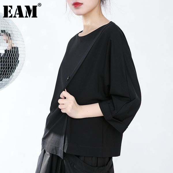 

[eam] women black irregular big size t-shirt round neck three-quarter sleeve fashion spring summer jt23301 21512, White