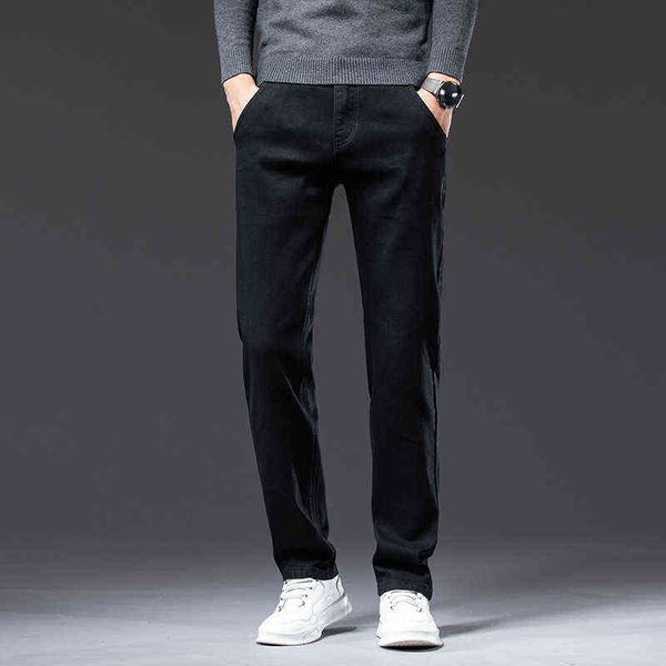 

straight jeans 2021 autumn winter elastic loose pure black men's casual denim pants are versatile, Blue