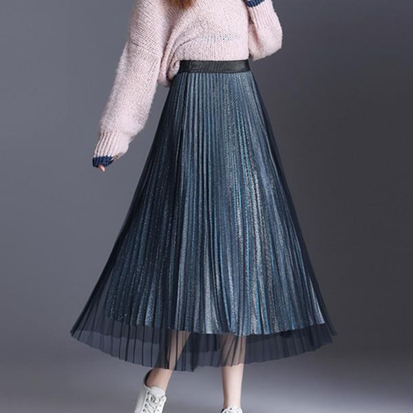 

skirts korean fashion pleated elegant woman mesh skirt high waist midi faldas mujer moda sequin long ol, Black