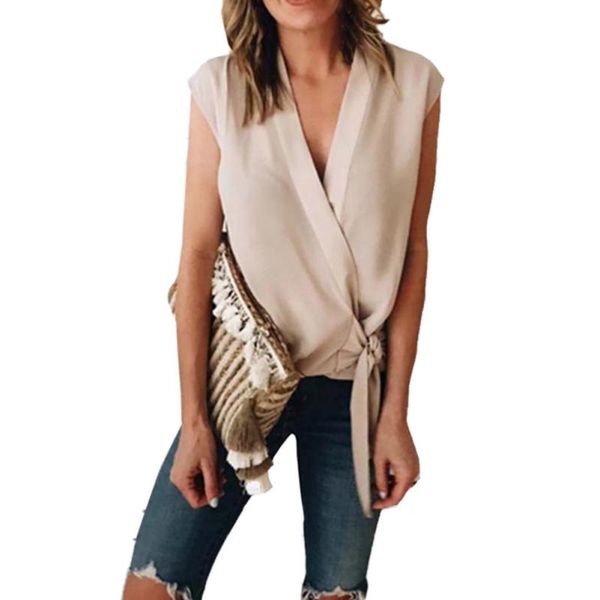 

women's t-shirt women's chiffon v-neck casual loose sleeveless tie unique female summer, White
