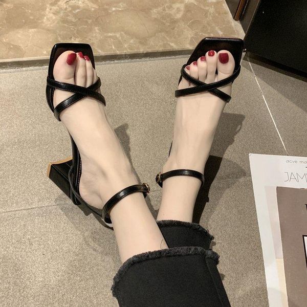 

sandals ankle strap women shoes block heels womenparty sandalias classic ladies high summer gladiator 563, Black