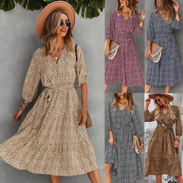 

casual dresses floral print midi dress v neck long seleve elegant for women autumn party club hollow out high waist, Black;gray