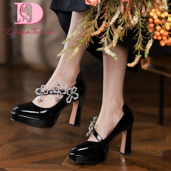 

dress shoes doratasia patent leather elegant women's pumps luxury platform chunky high heels slip on 2021 crystal bead, Black