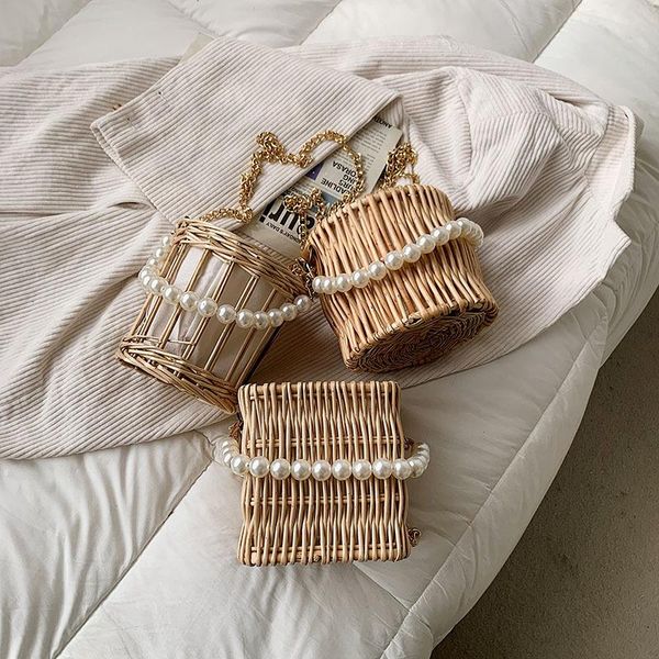 

evening bags 2021 vintage pearl beads chain shoulder small rattan bucket purses