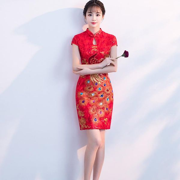 

ethnic clothing chinese style women red peacock wedding qipao handmade button retro cheongsam toast clothes summer mini evening dress