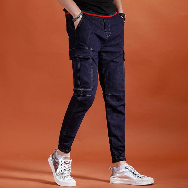 

cargo pants men jeans 2021 summer blue spliced denim pencil men's