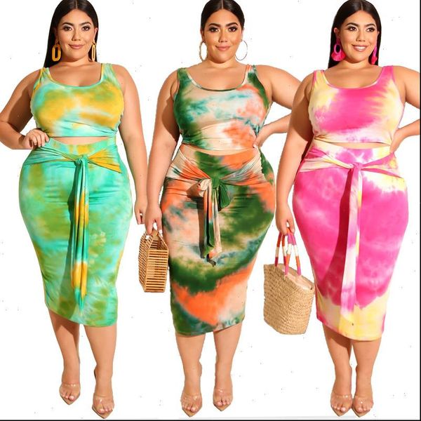 

summer two piece outfits women tracksuits prairie chic style tie dye printed tight fitting bag hips fashion 2 set plus, Gray